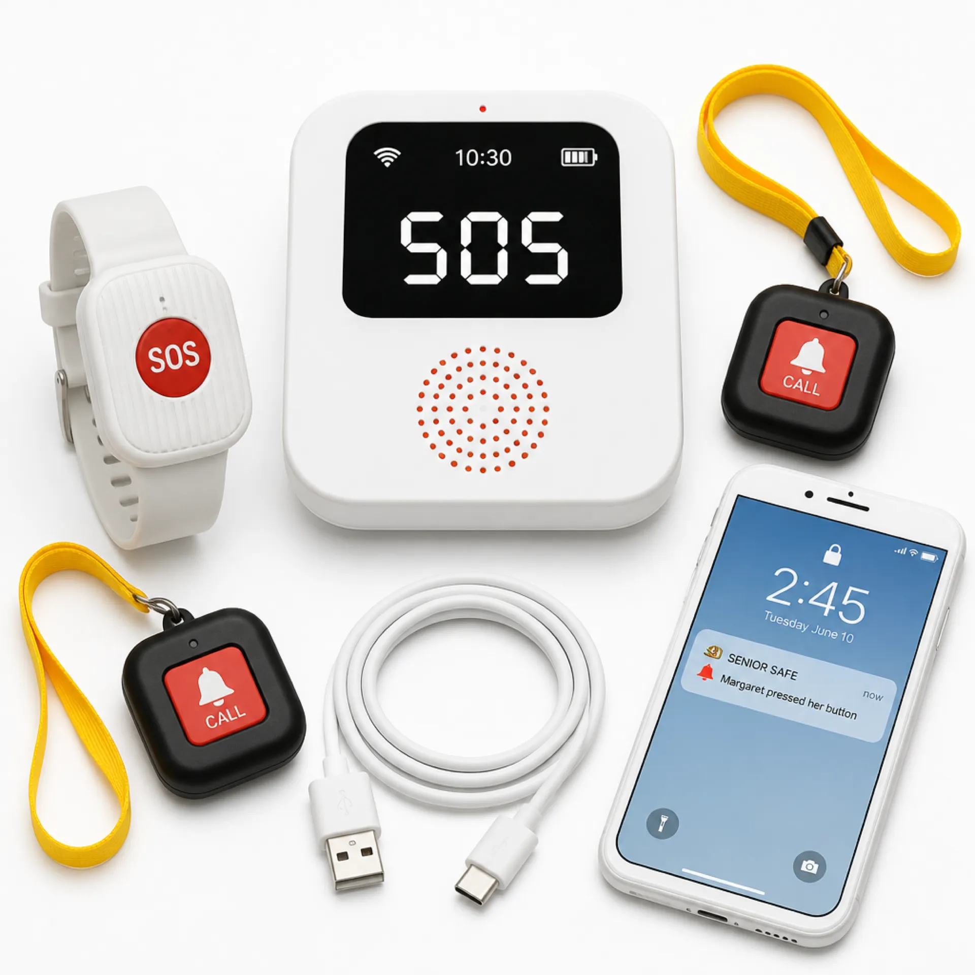 Senior Safe Set B — base station, wristband, two pendants and charging cable