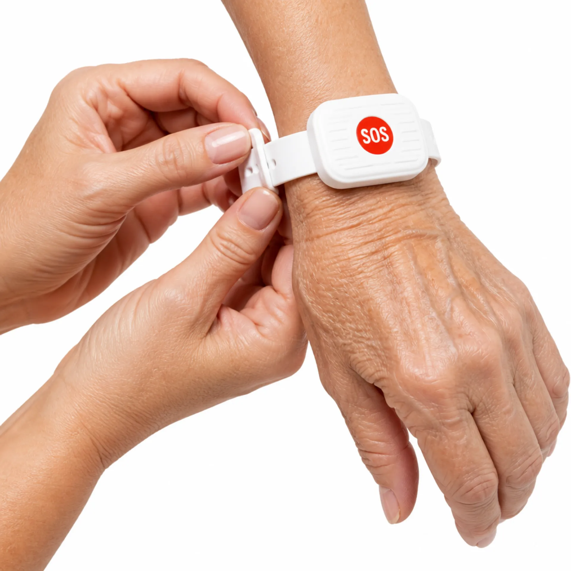 Carer adjusting the silicone wristband on a senior's wrist